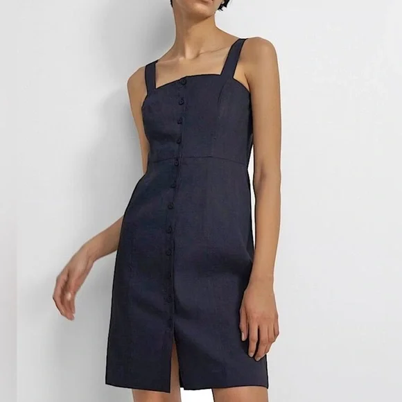 NWT Theory Kayleigh Button Front Mini Dress Navy Blue Sleeveless Linen Blend 0 - Picture 1 of 15